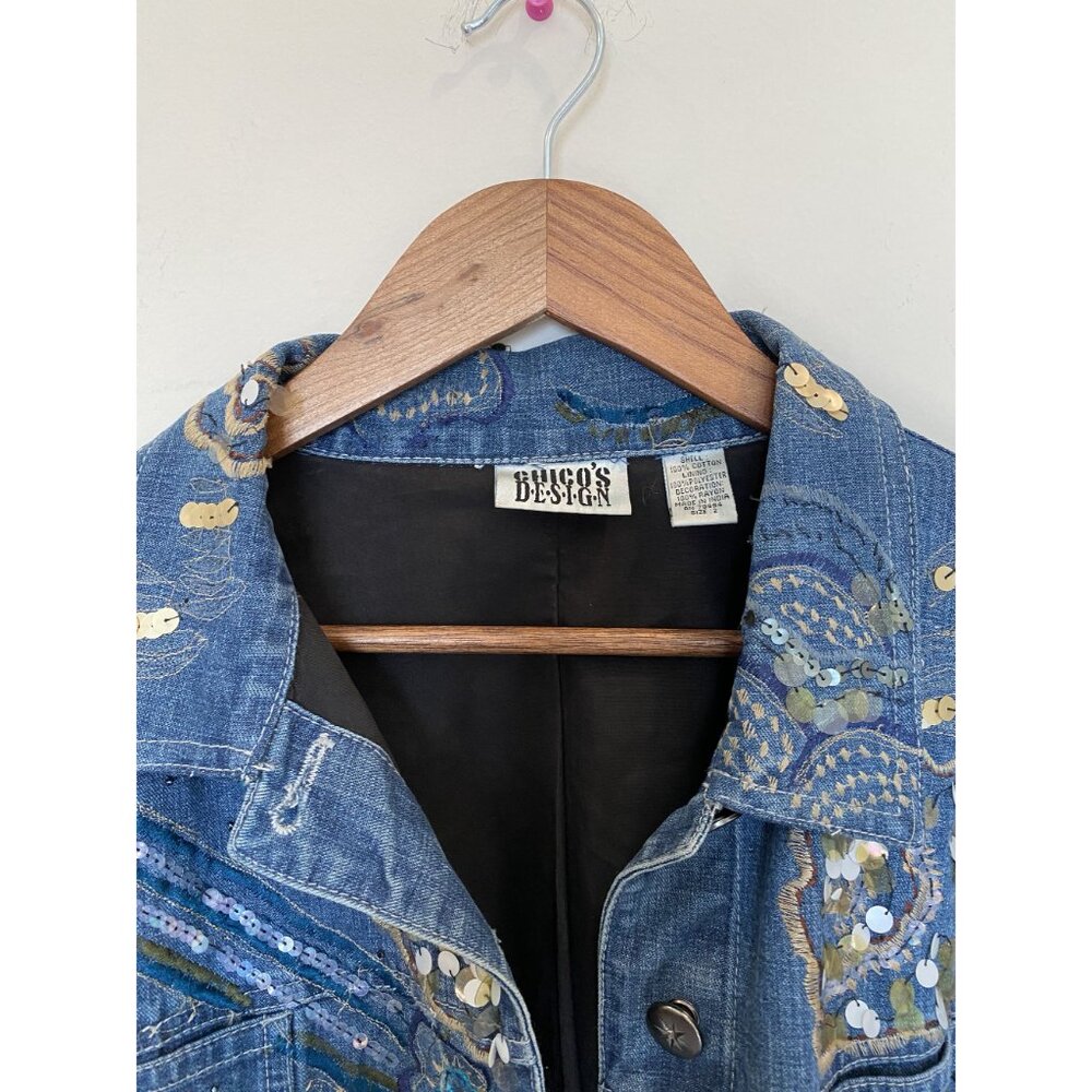 Chico’s Design Denim Jacket Size 2 Embellished Felt & Bedazzled Details - Picture 5 of 14